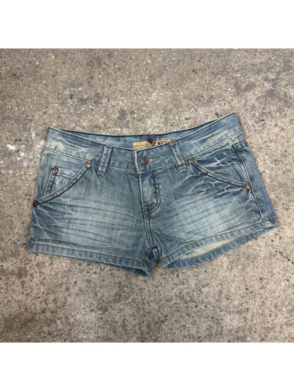 Vintage Y2K Low Rise Denim Micro Shorts Med Wash